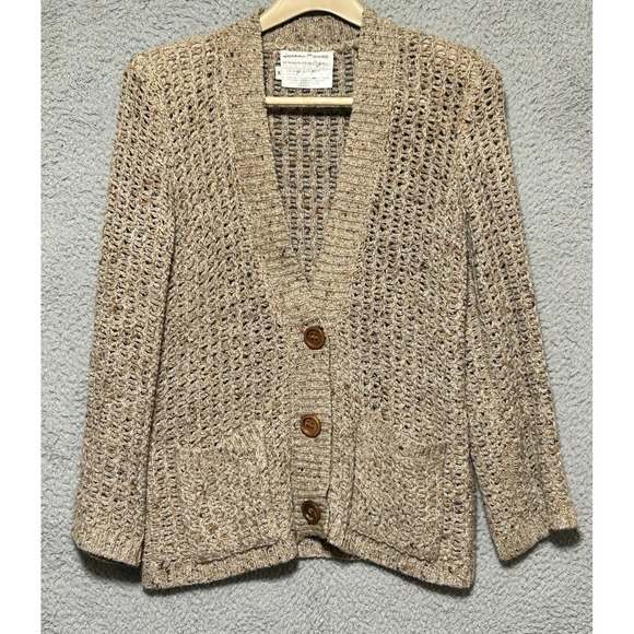 JEANNE PIERRE Sweaters - Vtg Jeanne Pierre Open Knit Crochet Cardigan Sweater Womens M Oatmeal Coastal